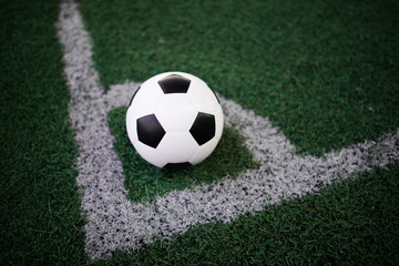 Fototapeta na wymiar soccer ball on the white line at stadium