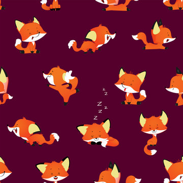 Seamless vector pattern with cute cartoon fox.