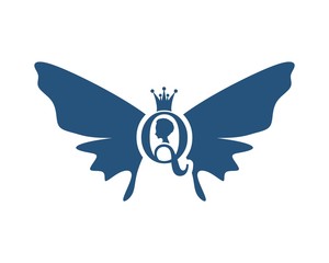 Obraz premium Vintage queen silhouette. Medieval queen profile. Elegant silhouette of a female head. Royal emblem with Q letter decorated by butterfly wings.