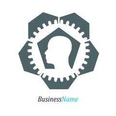 Hexagon geometric shape, gear and human head. Minimal abstract emblem template.