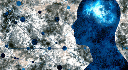 Silhouette of a man's head. Mental health relative brochure, report design. Scientific medical designs. Grunge brush drawing. Universe as brains. Elements of this image furnished by NASA
