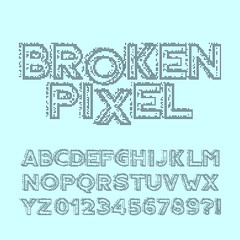 Fototapeta na wymiar Broken pixel alphabet font. Glitch digital letters and numbers. Stock vector typeface for your design.