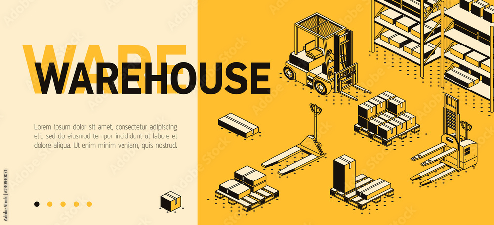 Poster vector 3d isometric site template with warehouse, forklift and boxes. landing page in thin line styl