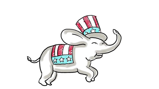 2d Animation motion graphics showing a drawing of a Republican elephant mascot wearing American stars and stripes top hat jumping on white with alpha matte in HD high definition.