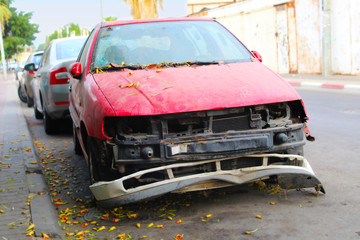Abandoned car after an accident in Israel. Broken Vintage Car