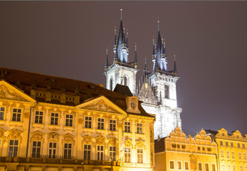 Fototapeta na wymiar Night time illuminations of the fairy tale Church of our Lady Tyn (1365) in the Magical city of Prague, Czech republic
