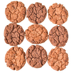 Round muesli cookies with chocolate top view isolated