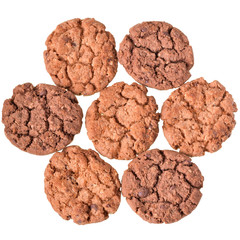 Round muesli cookies with chocolate top view isolated