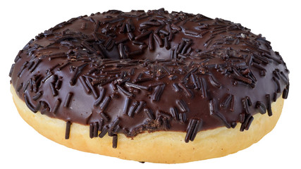 chocolate glazed donut with chocolate chips isolated