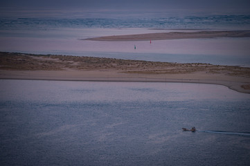 Aerial view of a motorboat near the Banc Arguin at Arcachon in France