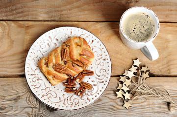 bun with pecan and coffee