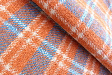 checkered fabric close-up macro background decor orange white blue cells stripes geometric pattern