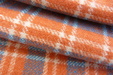 checkered fabric close-up macro background decor orange white blue cells stripes geometric pattern