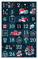 Christmas advent calendar, cute hand drawn doodle style. Twenty five christmas countdown printable tags collection with doodle illustrations. Count down till christmas kit. Advent calendar.