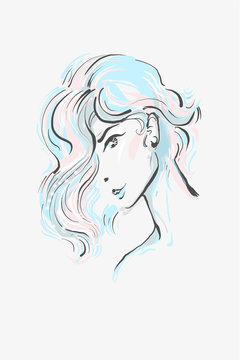 Young beautiful woman with bob haistyle , fashion illustration in tender pink and blue pastel winter colors