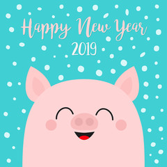 Happy New Year 2019. Pig piggy piglet face head. Chinise symbol. Snow flake falling down. Cute cartoon funny character. Flat design. Blue background. Isolated.