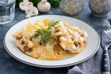 Chicken fillet breast with cheese and mushrooms, selective focus