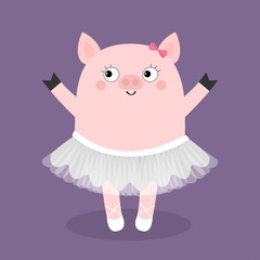 Pig bellerina. Piggy piglet ballet dancer dressed in white skirt. Tutu dress, pointe. Cute cartoon funny baby kids character. Hog swine sow animal. Smiling face. Flat design. Violet background.