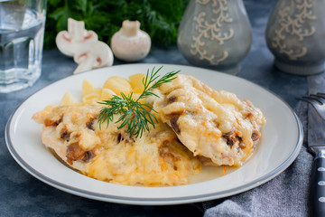 Chicken fillet breast with cheese and mushrooms, selective focus