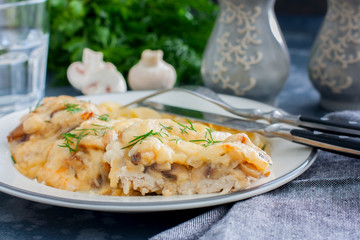 Chicken fillet breast with cheese and mushrooms, selective focus