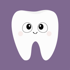 Tooth icon. Big eyes. Cute funny cartoon smiling character. Oral dental hygiene. Children teeth care. Tooth health. Baby violet background. Flat design