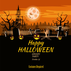 Poster Happy Halloween holiday pumpkin, cemetery, black abandoned castle, attributes of the holiday of All Saints, ghost, spider, black cat, a witch on a broomstick, a gloomy autumn forest, panorama