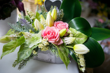 Still life with Bouquet of summer flowers in basket