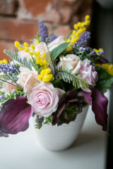 Still life with Bouquet of summer flowers in basket