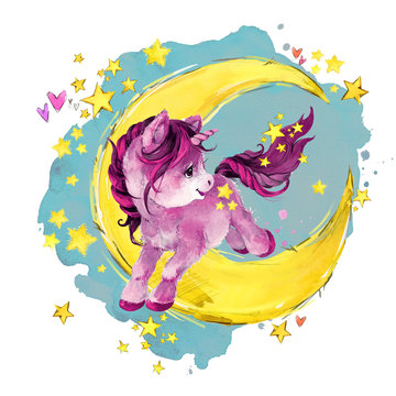 cute unicorn on the moon. watercolor Night fairytale sky illustration