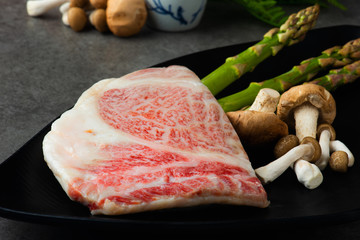 Premium Kobe beef with asparagus and mushrooms