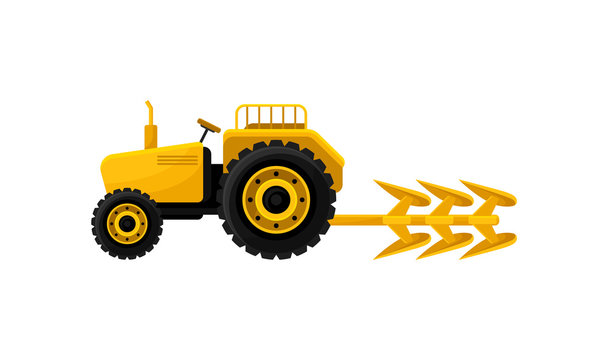 Open yellow tractor with plow. Industrial farm equipment. Professional agricultural machinery for field work. Flat vector design