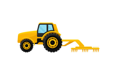 Yellow tractor with cultivator. Agricultural machinery. Professional farm equipment for work on field. Flat vector design