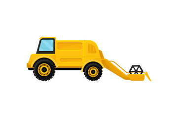 Naklejka premium Yellow combine harvester or reaping machine. Heavy machinery. Farm equipment. Agricultural vehicle. Flat vector icon