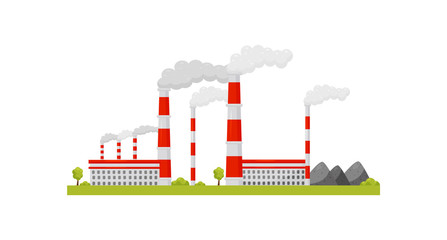 Obraz premium Thermal power station. Industrial buildings and smoking pipes. Renewable natural resource. Energy production. Flat vector design
