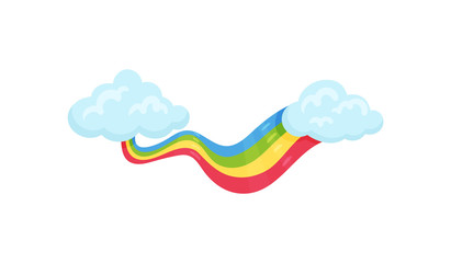 Blue clouds with multicolored rainbow. Wall decor for children room. Flat vector element for postcard or poster