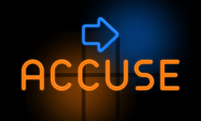 Accuse - orange glowing text with an arrow on dark background