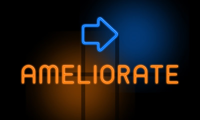 Ameliorate - orange glowing text with an arrow on dark background