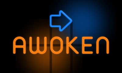 Awoken - orange glowing text with an arrow on dark background