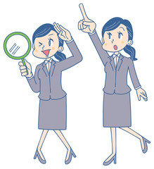 虫メガネと指差しポーズのビジネスウーマンのイラスト