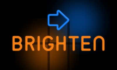 Brighten - orange glowing text with an arrow on dark background