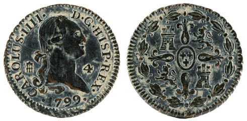 Ancient Spanish copper coin of the King Carlos IV. 1799. Coined in Segovia. 4 Maravedis.