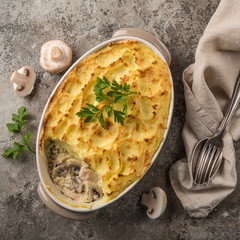 shepherd's pie. Chicken, mushrooms and  mashed potatoes casserole