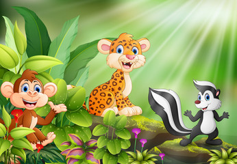 Naklejka premium Nature scene with wild animals cartoon