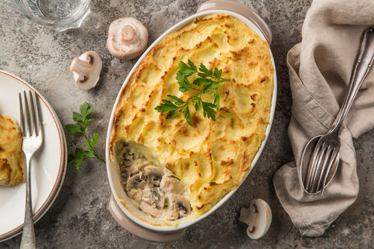 shepherd's pie. Chicken, mushrooms and  mashed potatoes casserole