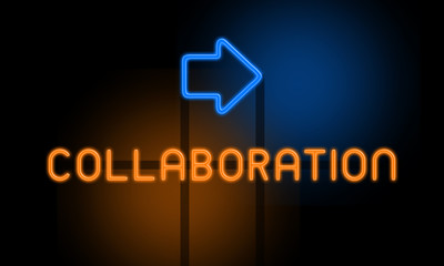 Collaboration - orange glowing text with an arrow on dark background