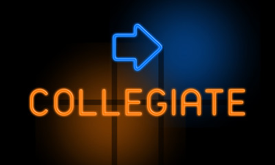 Collegiate - orange glowing text with an arrow on dark background