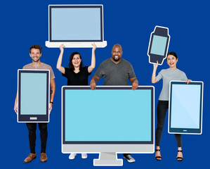 Diverse people with various digital device mockups