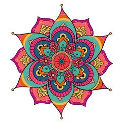 Round mandala on white isolated background. Vector boho mandala in green and pink colors. Mandala with floral patterns. Yoga template