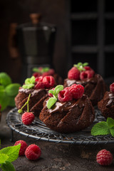 delicious chocolate muffins with chocolate topping and fresh raspberry