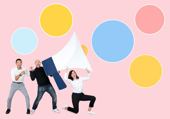 Diverse business people holding a megaphone